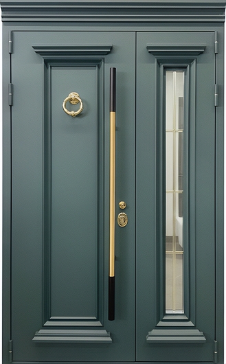 Полуторная входная термодверь с карнизом, металлобагетом, стеклом, длинной ручкой, кнокером и зеленым порошковым напылением