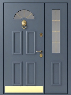 Полуторная уличная термодверь со стеклами, кнокером, отбойником, скрытыми петлями и панелями МДФ RAL с багетом